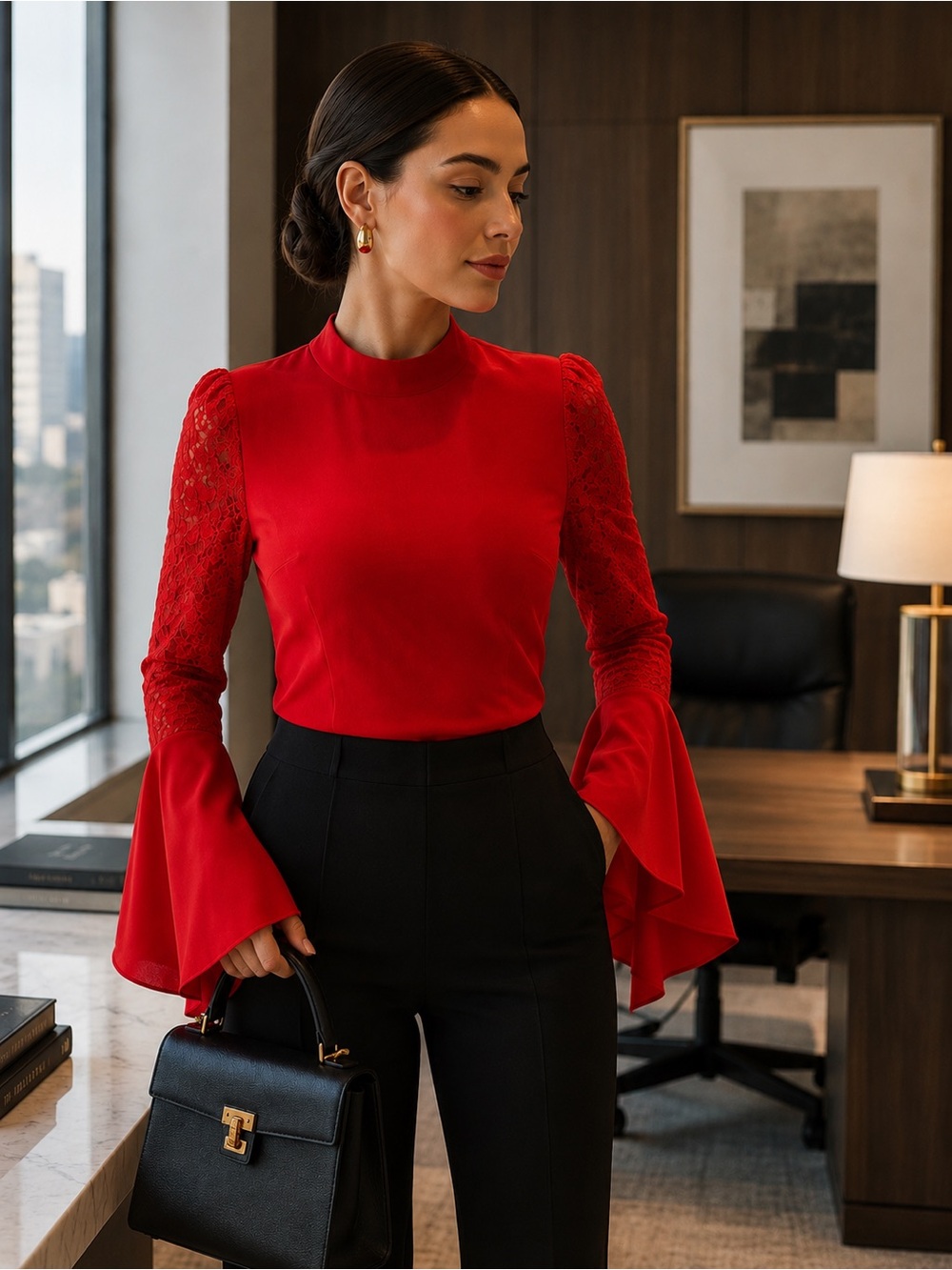 Gracia Red Mock Neck Lace-Sleeve Bell Cuff Blouse
